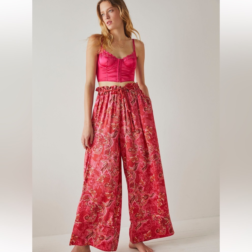 FREE PEOPLE Goddess Lounge Floral Red Wide-Leg Pants With Pockets XS
